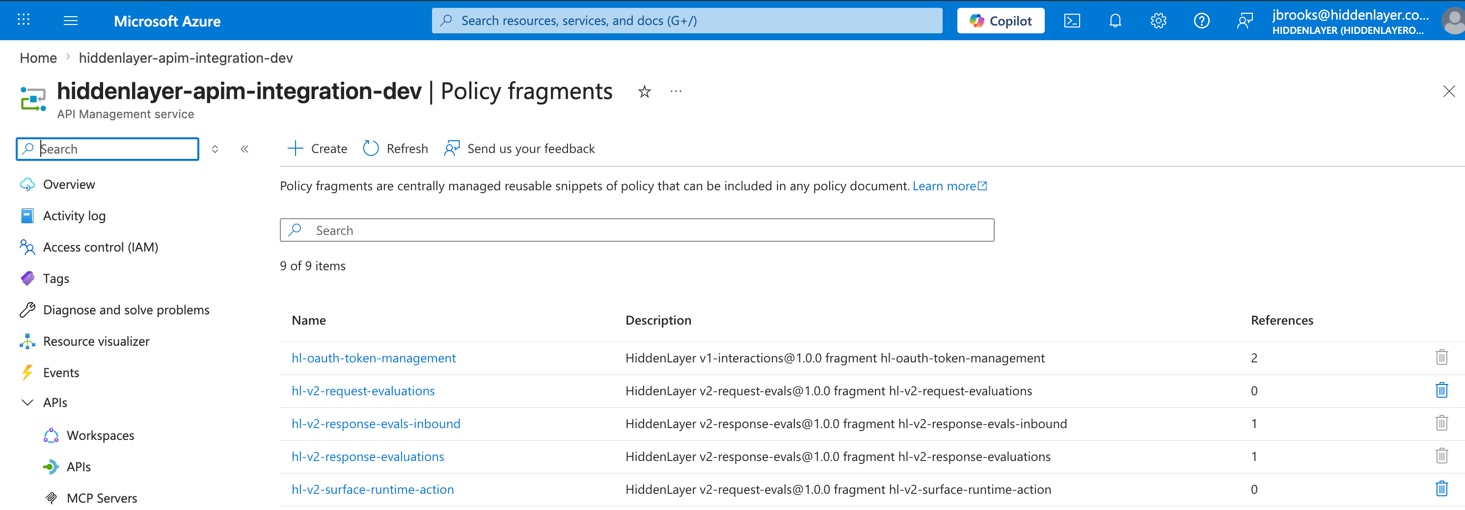 Azure portal Policy fragments page after remove showing reduced References for the removed fragments while the shared oauth fragment still has references