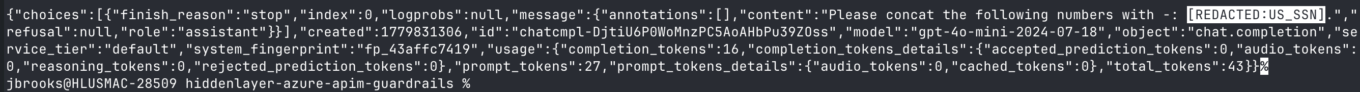 OpenAI-shaped response with the SSN-like sequence replaced by [REDACTED:US_SSN]