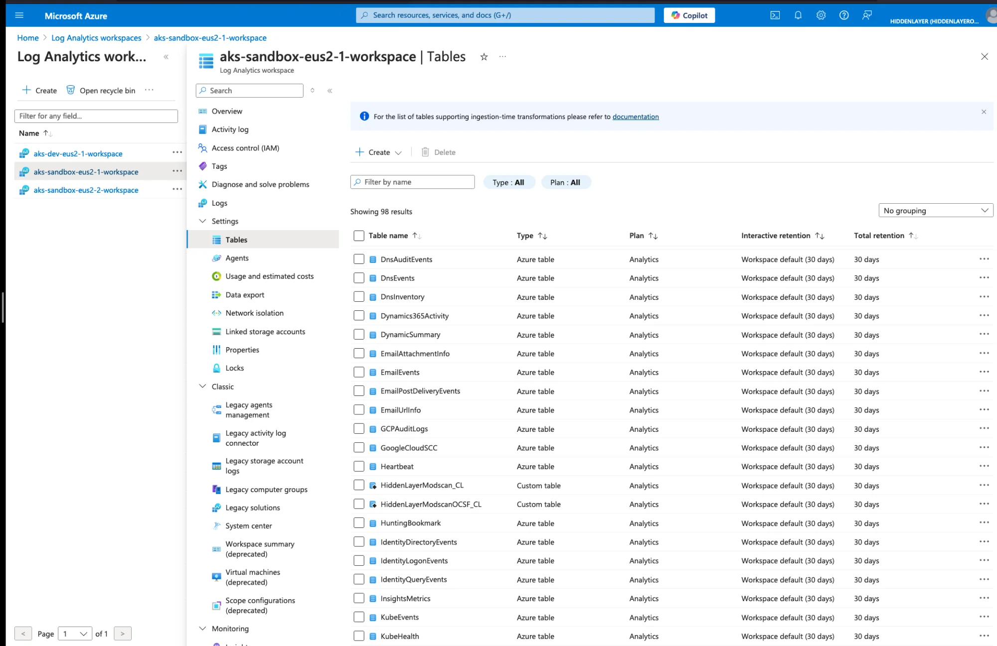 Log Analytics Tables