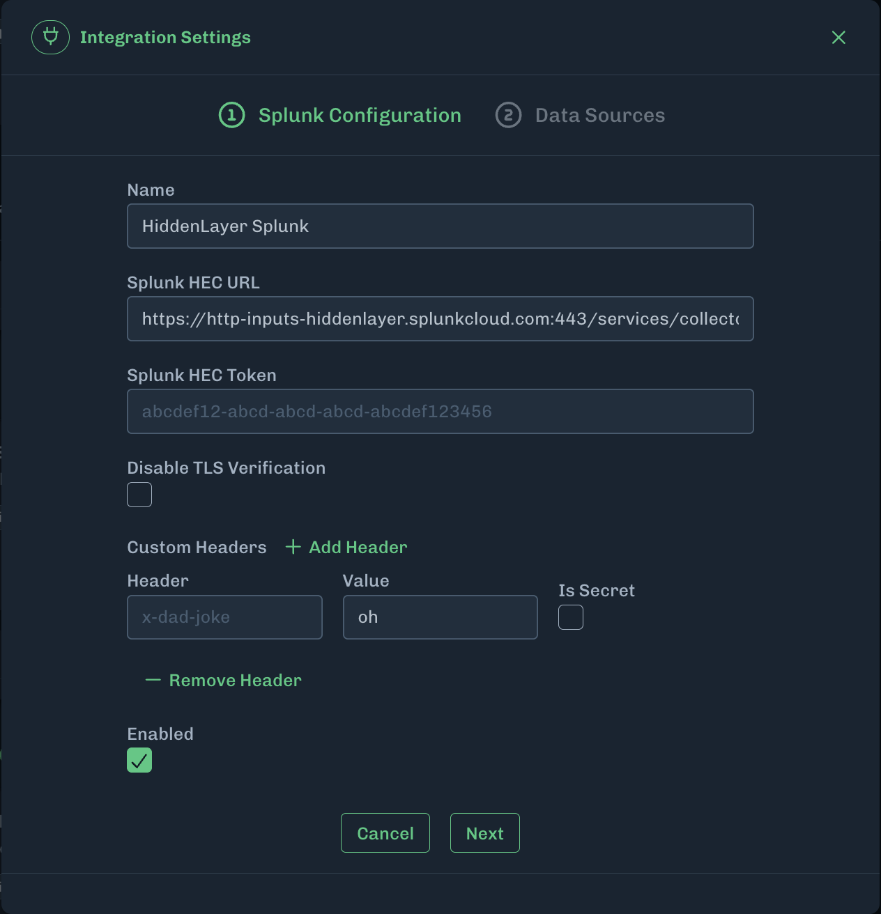 Splunk integration settings