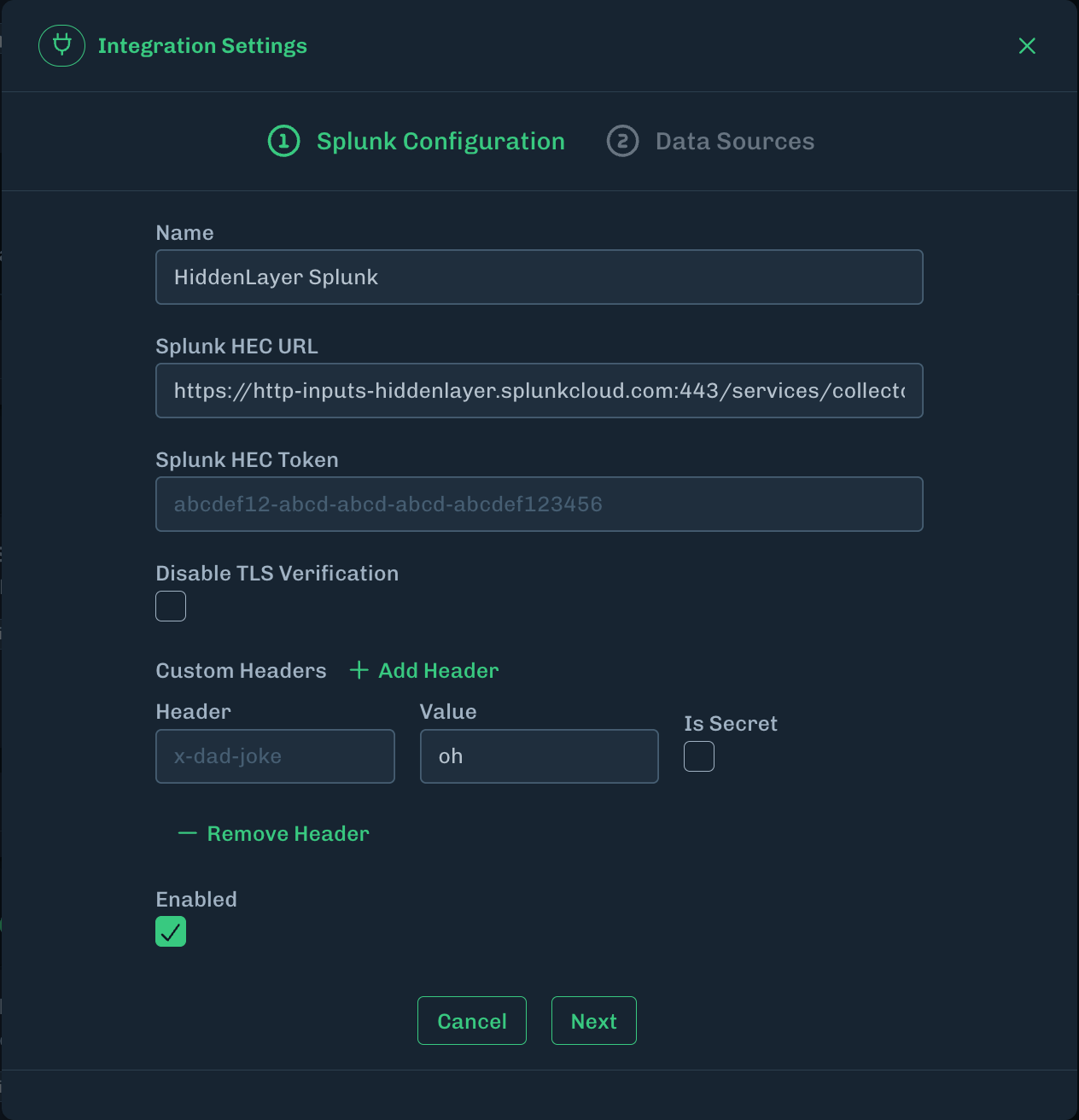 Splunk integration settings