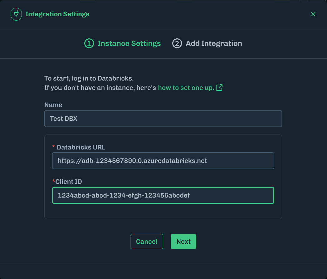 Add Databricks URL and Client ID