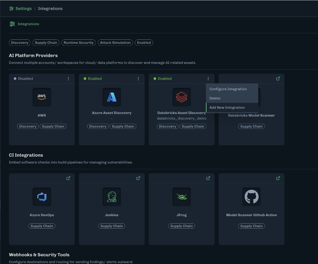 Settings Integrations page with Databricks Asset Discovery and Add New Integration in the card menu