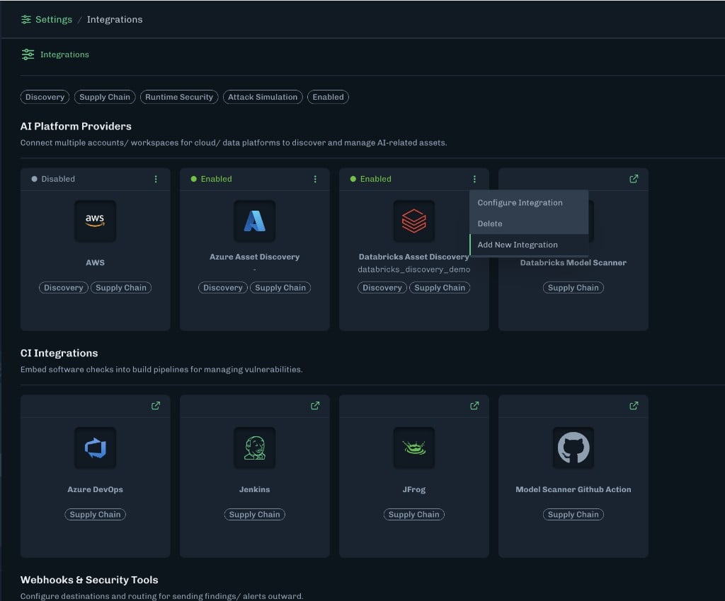 Settings Integrations page with Databricks Asset Discovery and Add New Integration in the card menu