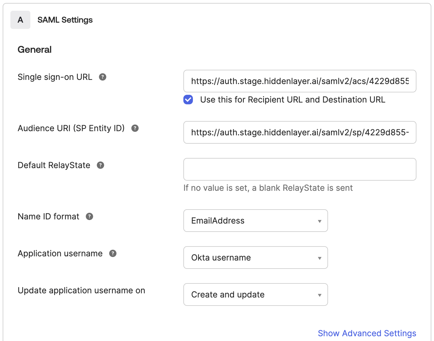 Single Sign On Okta Settings General