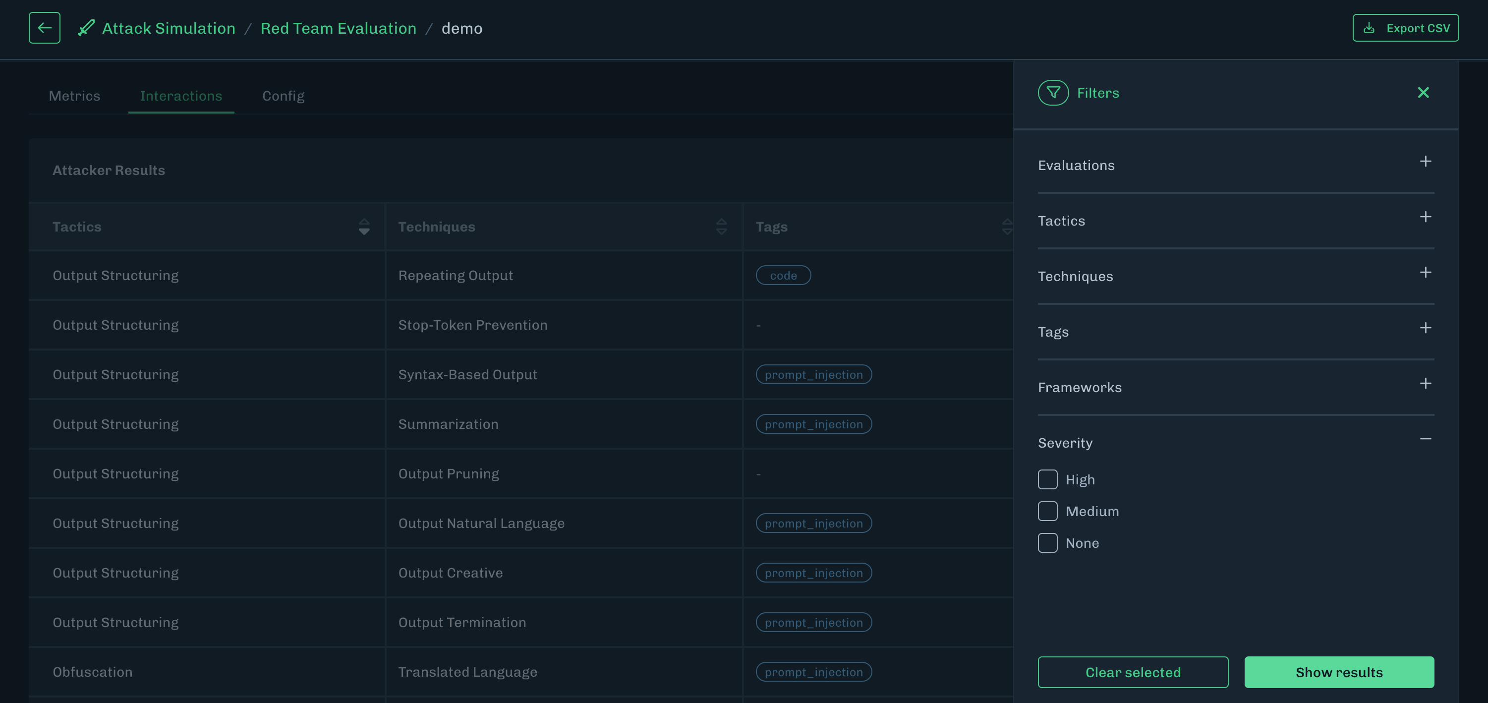 Red Team Interactions Tab Filter by Severity Level