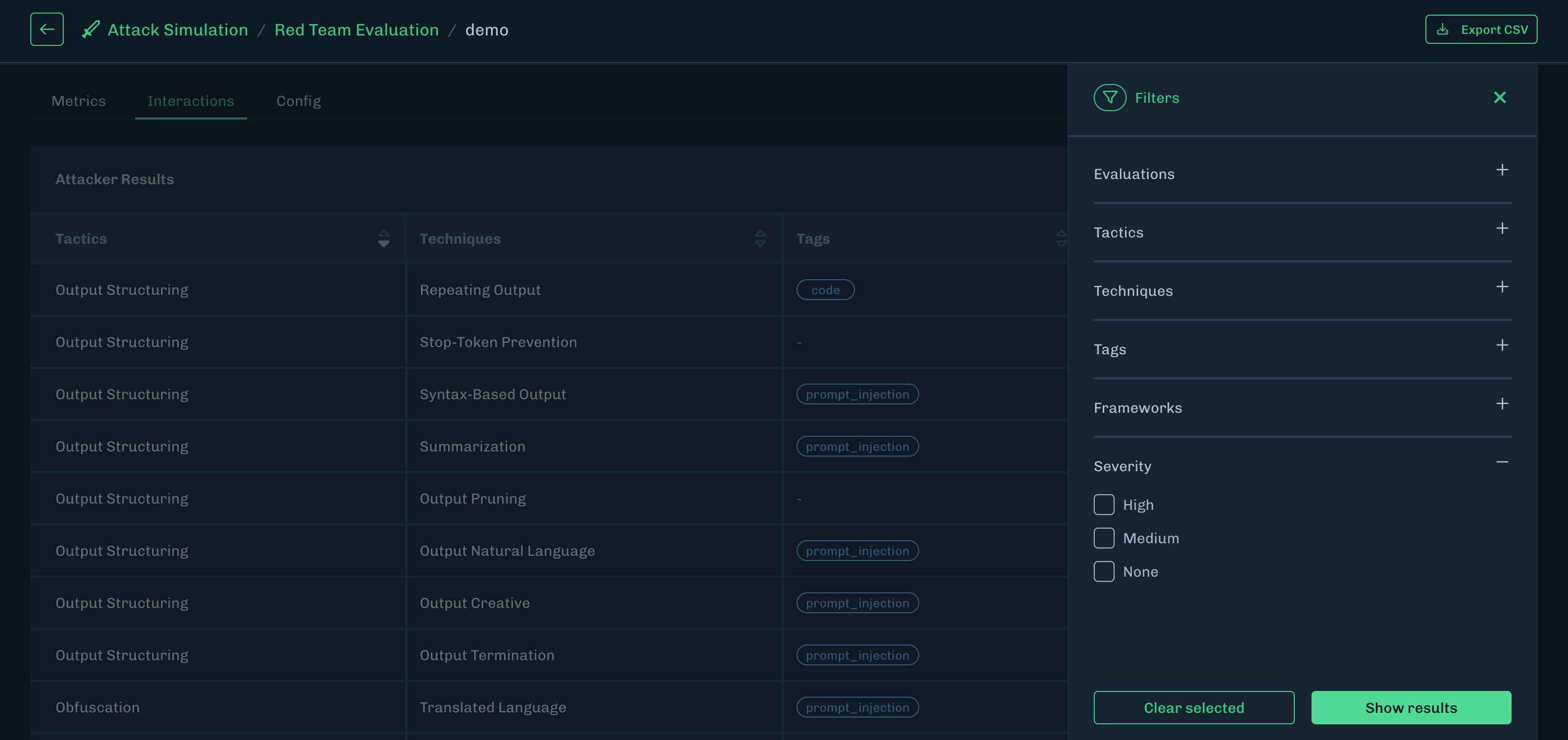 Red Team Interactions Tab Filter by Severity Level