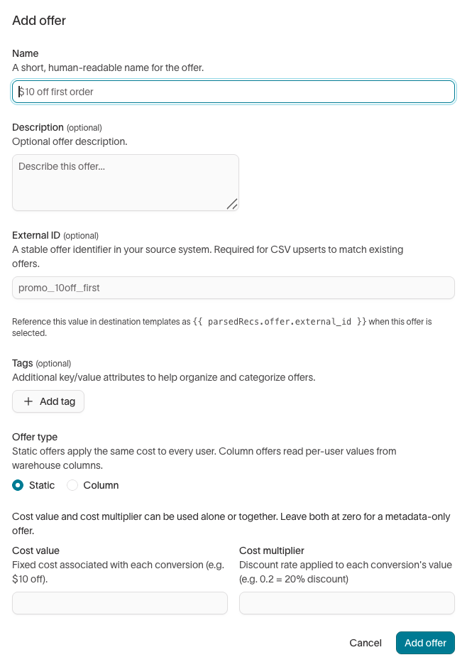 Add offer dialog