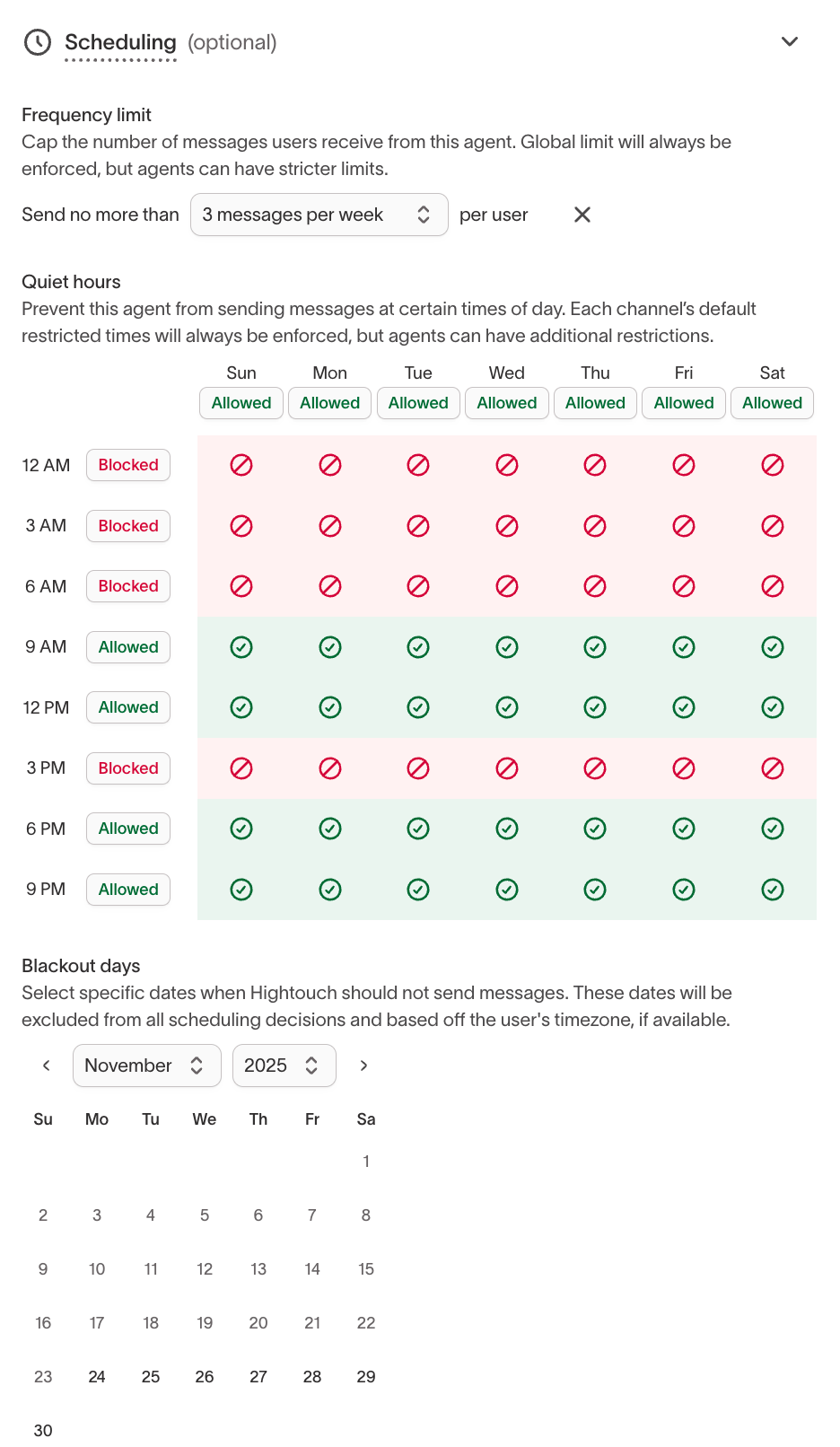 Scheduling configuration with quiet hours and blackout days