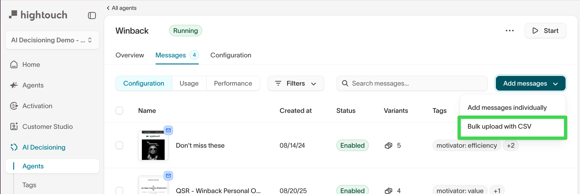 Bulk upload button in Messages UI