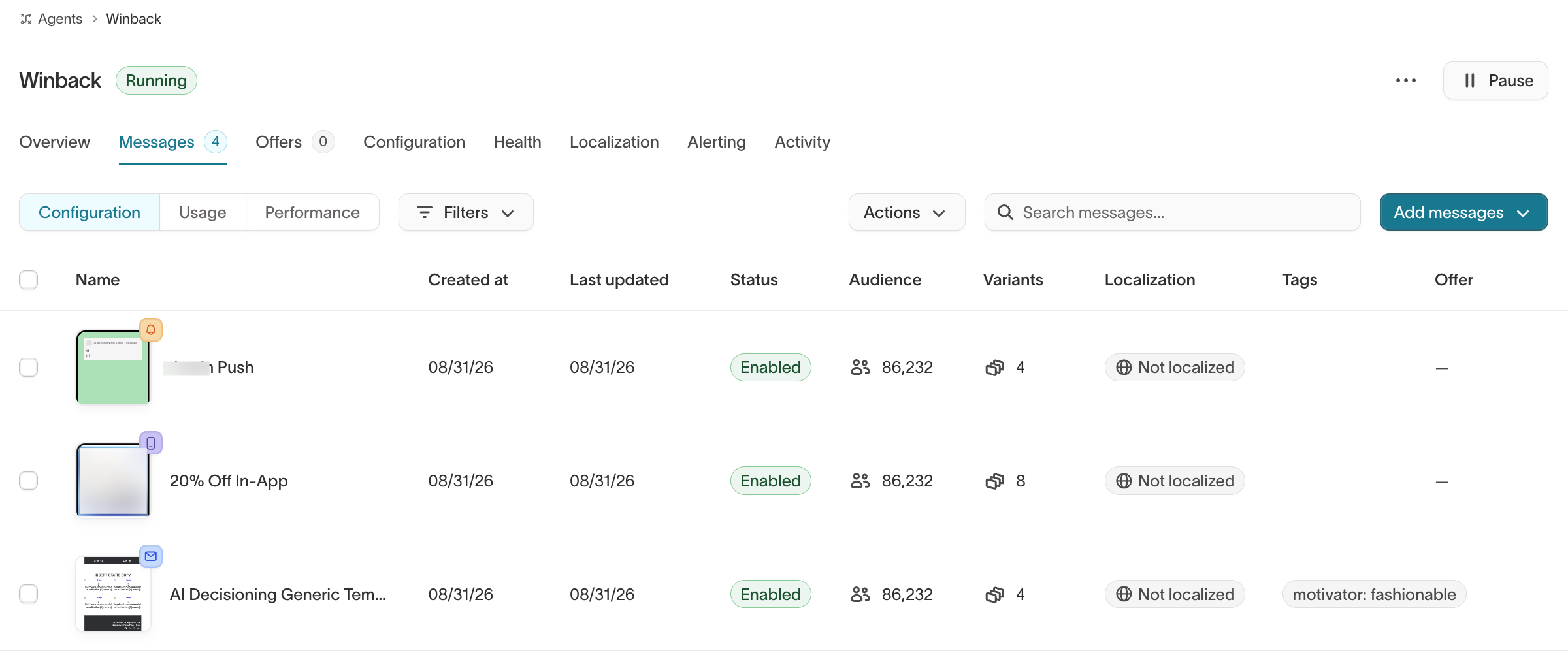 Configuration view of the Messages list