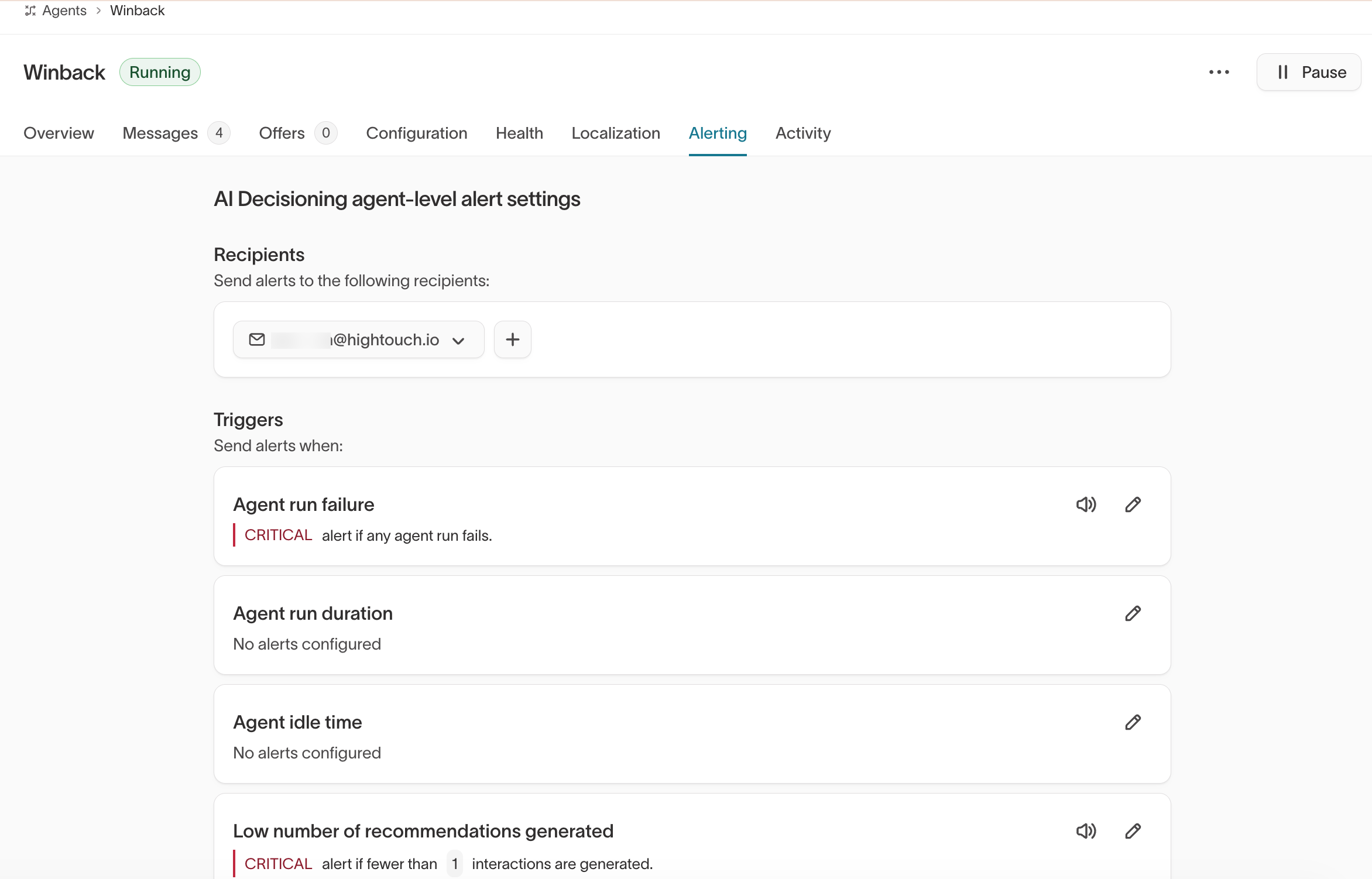 Alerting tab showing recipients and trigger configuration
