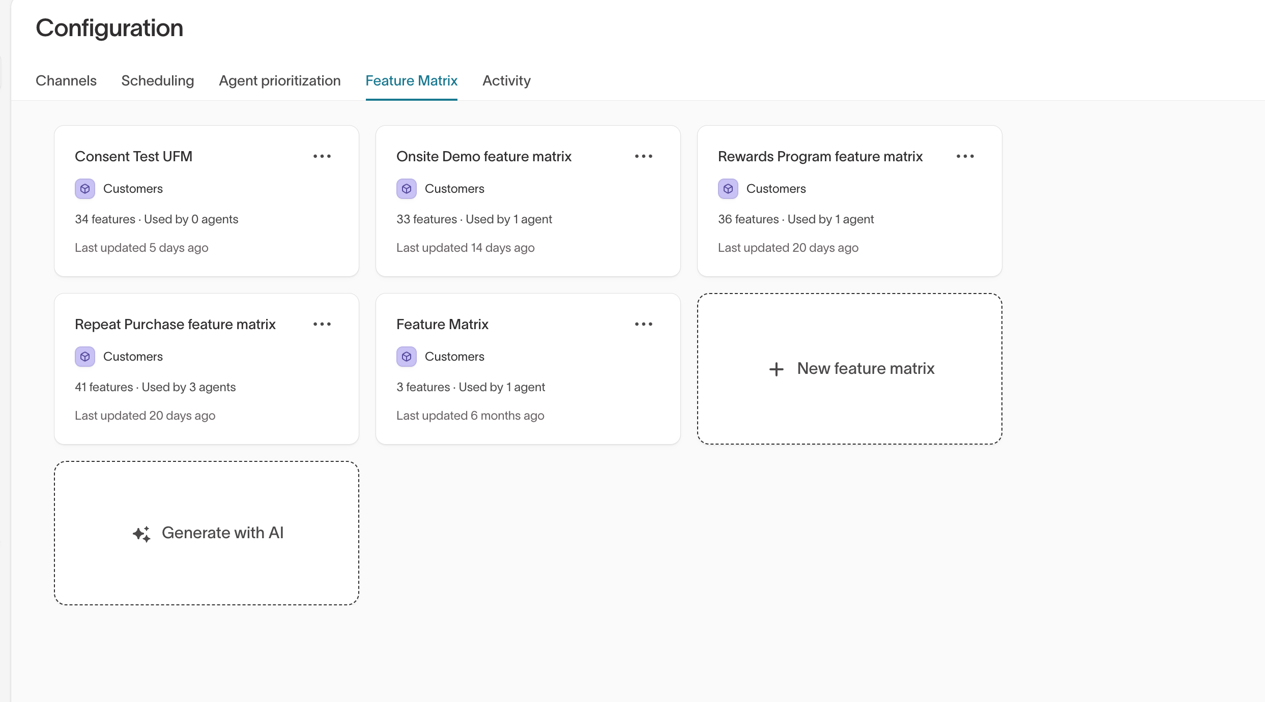 Feature Matrix tab listing existing feature matrices