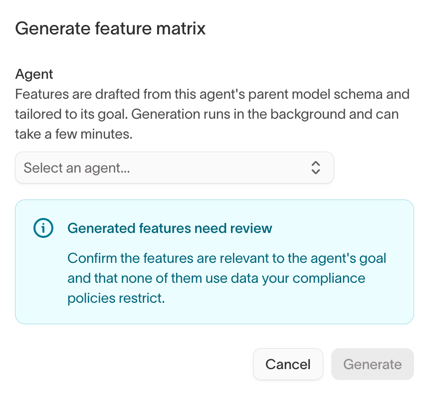 Generate feature matrix dialog
