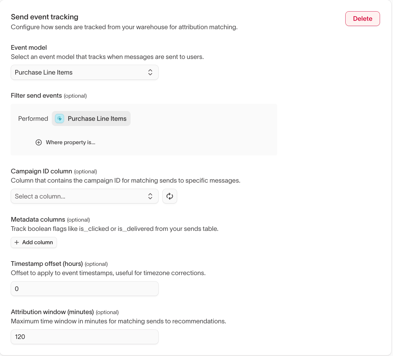 Send event tracking configuration panel