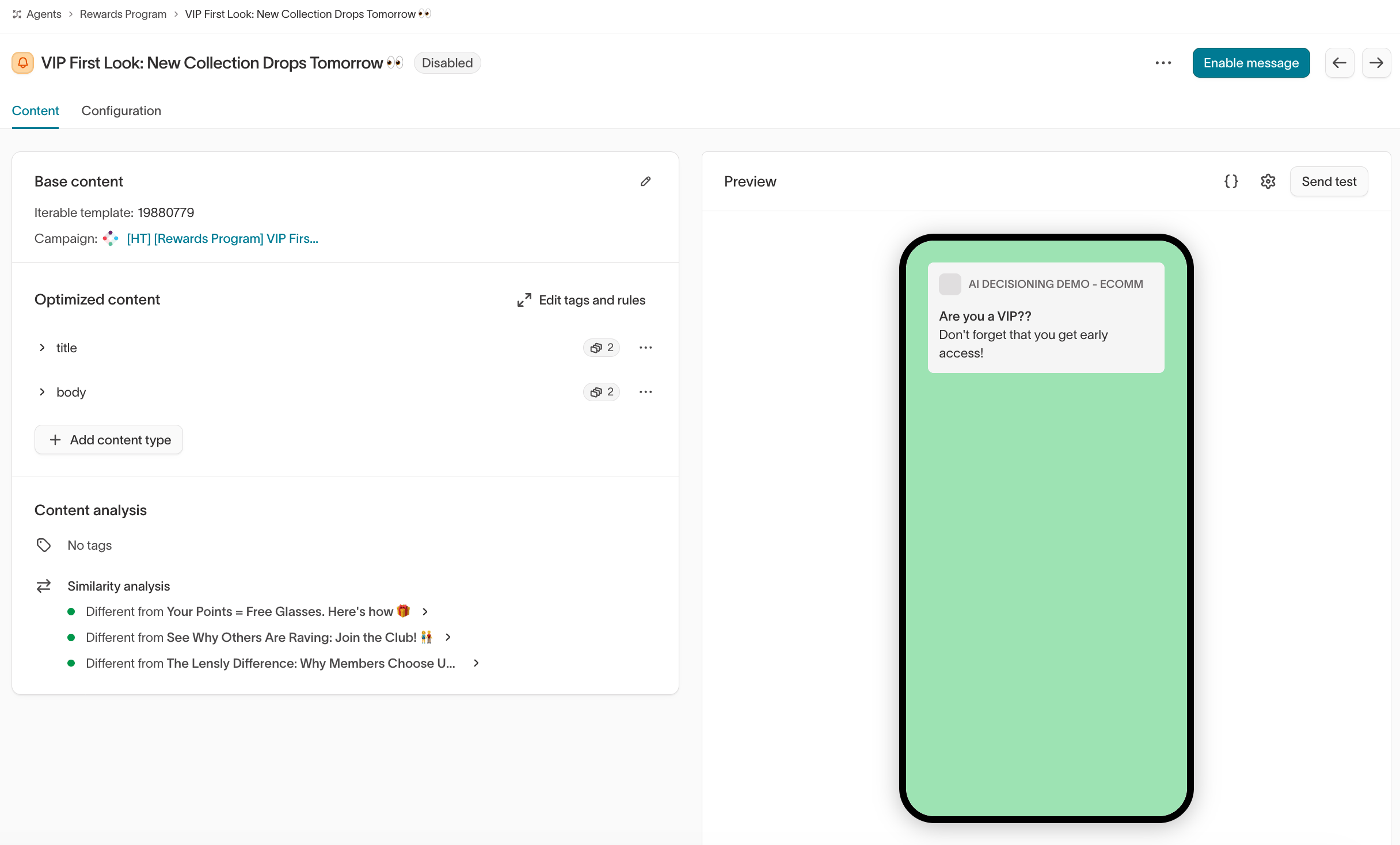 Content analysis inside a message