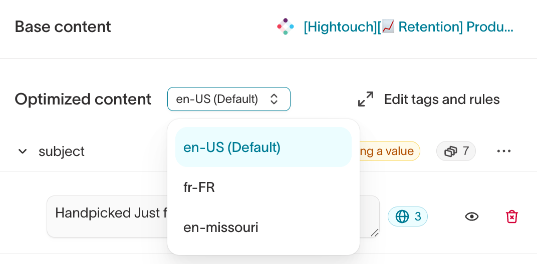 Locale dropdown and status badge showing variants missing a translation