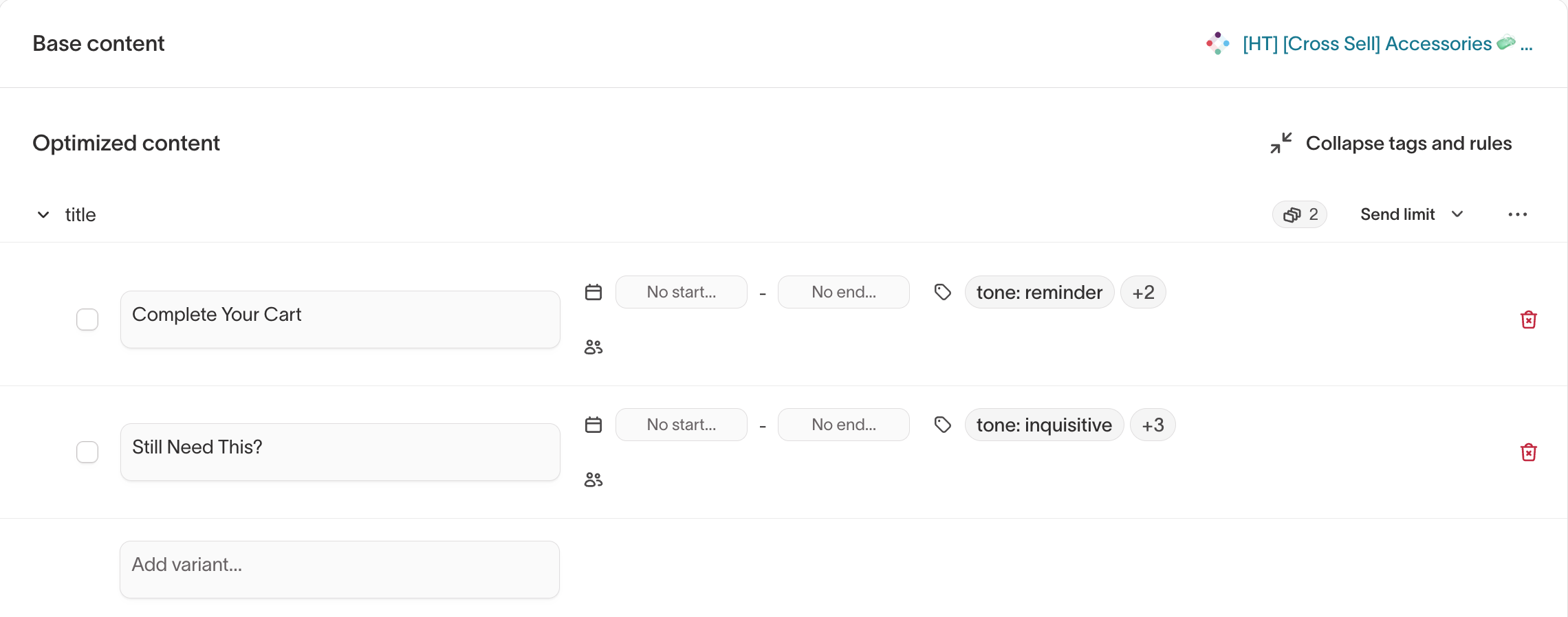 Tags and rules page