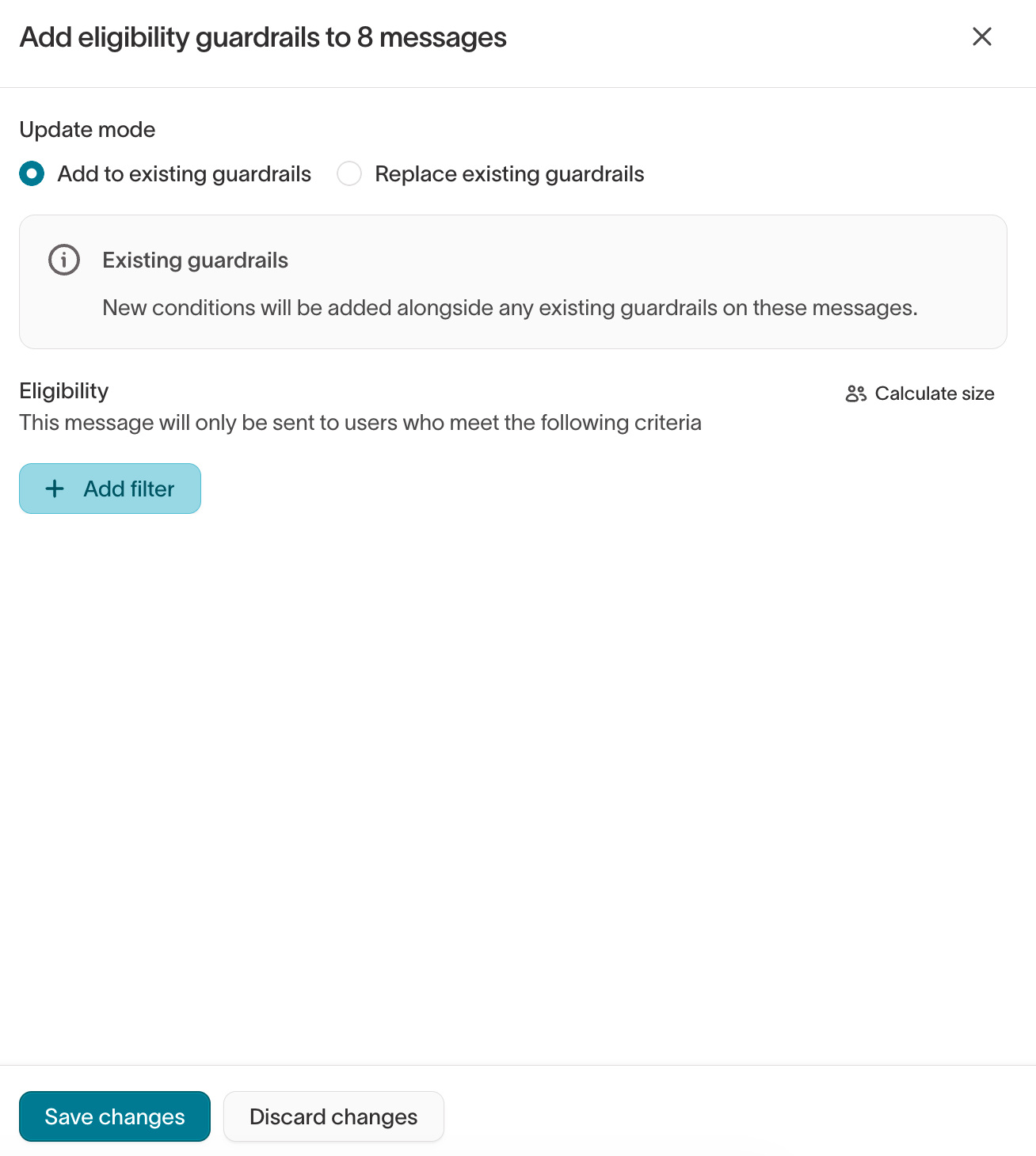 Bulk eligibility guardrails drawer showing Update mode with Add to existing and Replace existing options