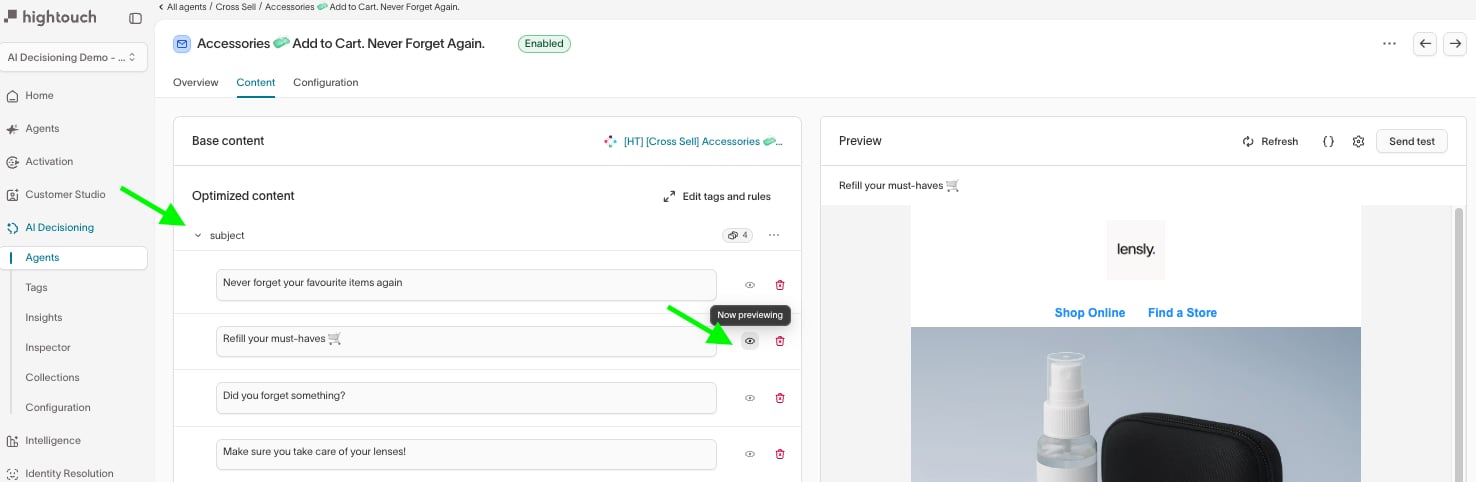 Clicking the eye icon to preview a subject line variant. The "Now previewing" banner appears in the preview pane.