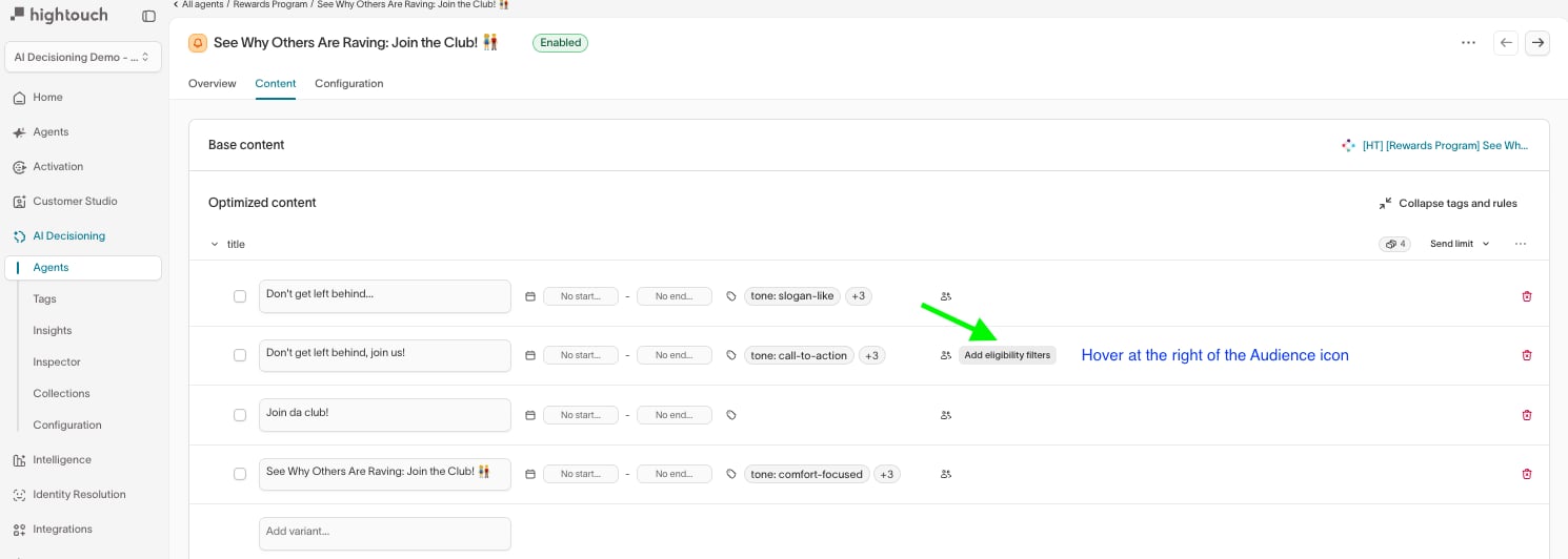Push audience eligibility at the individual variant option level