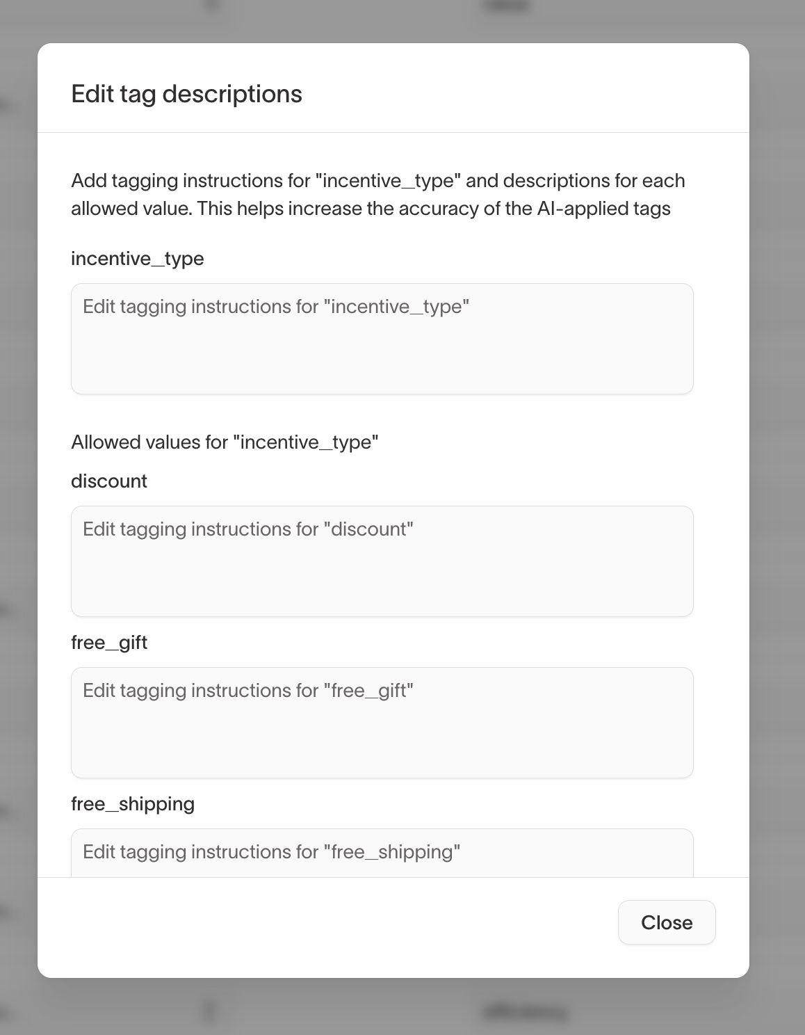 Edit tag descriptions modal