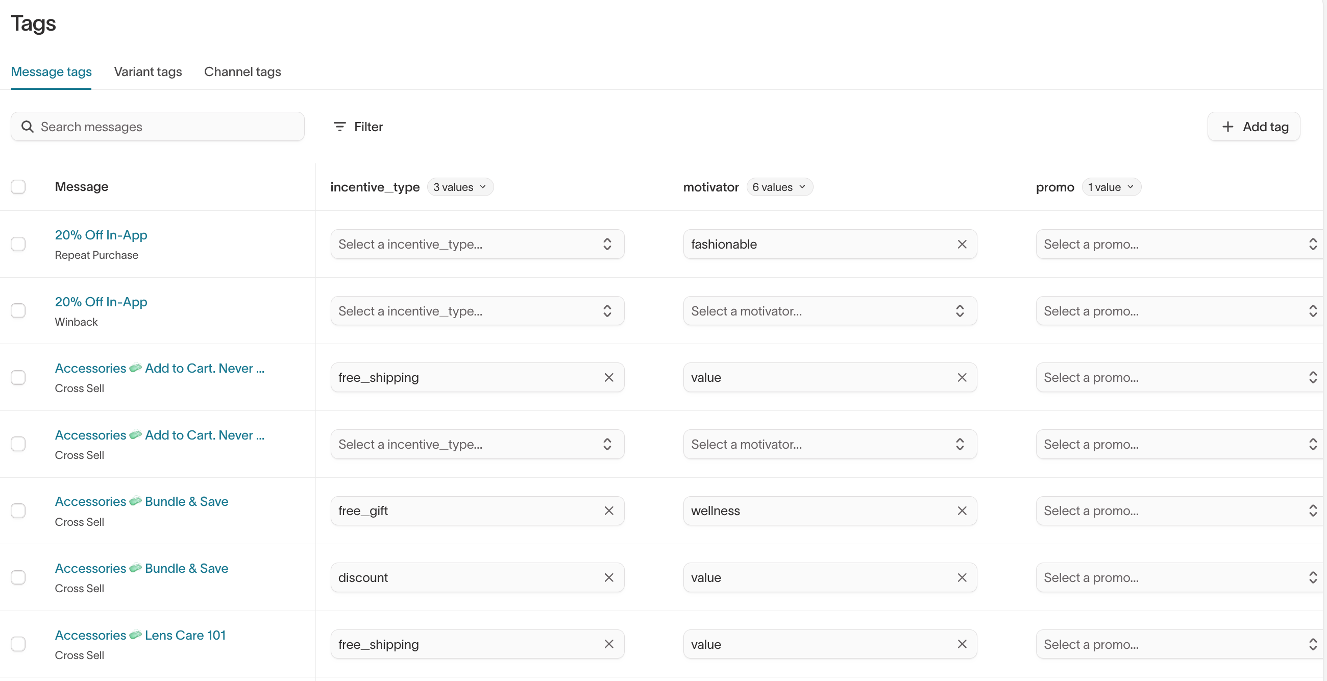 Tags page – message tags