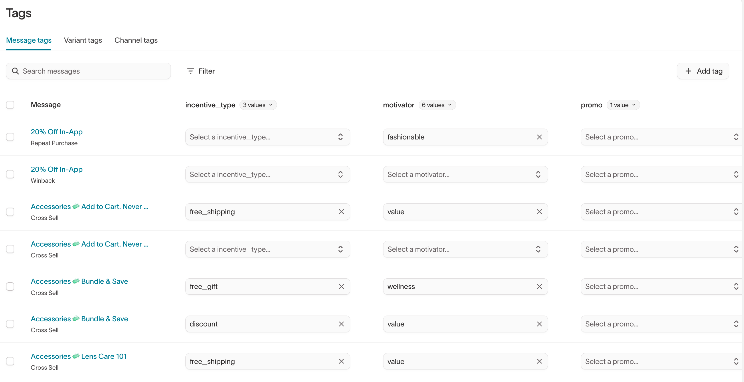 Tags page – message tags