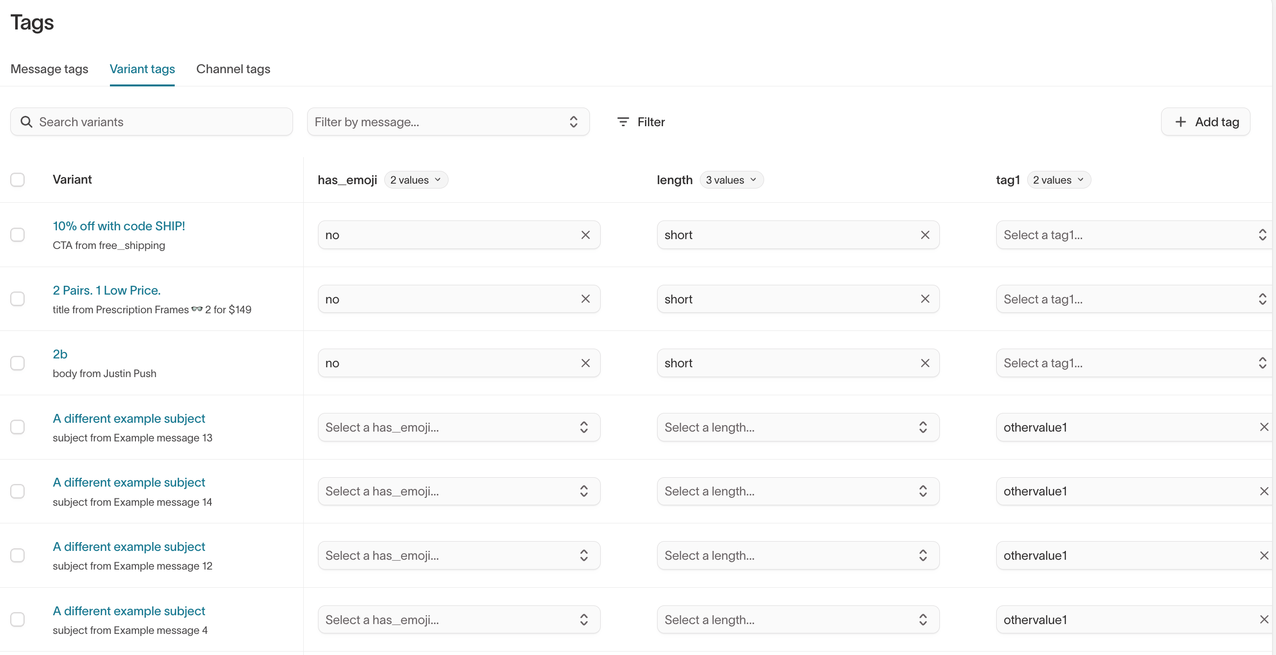 Tags page – variant tags