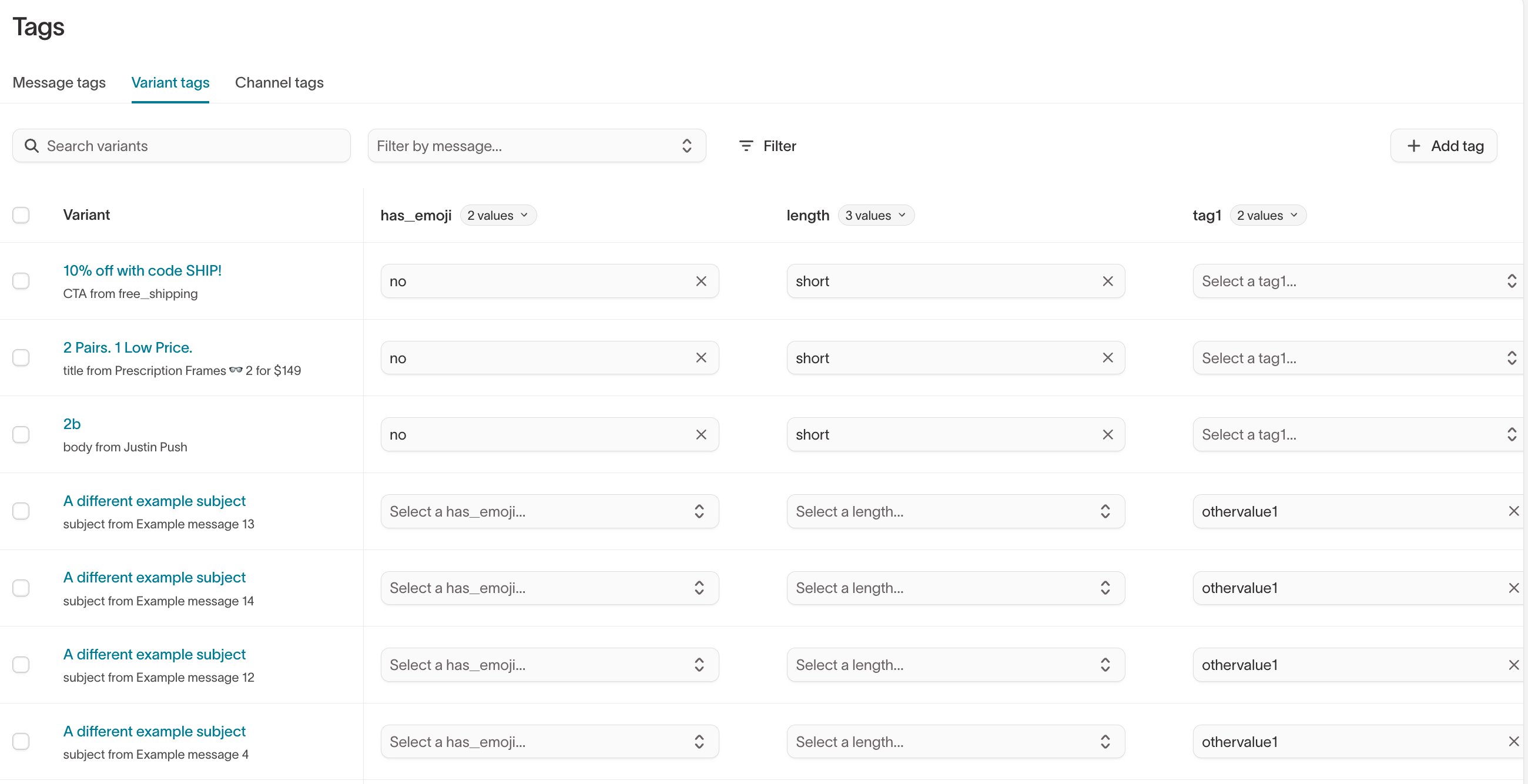 Tags page – variant tags