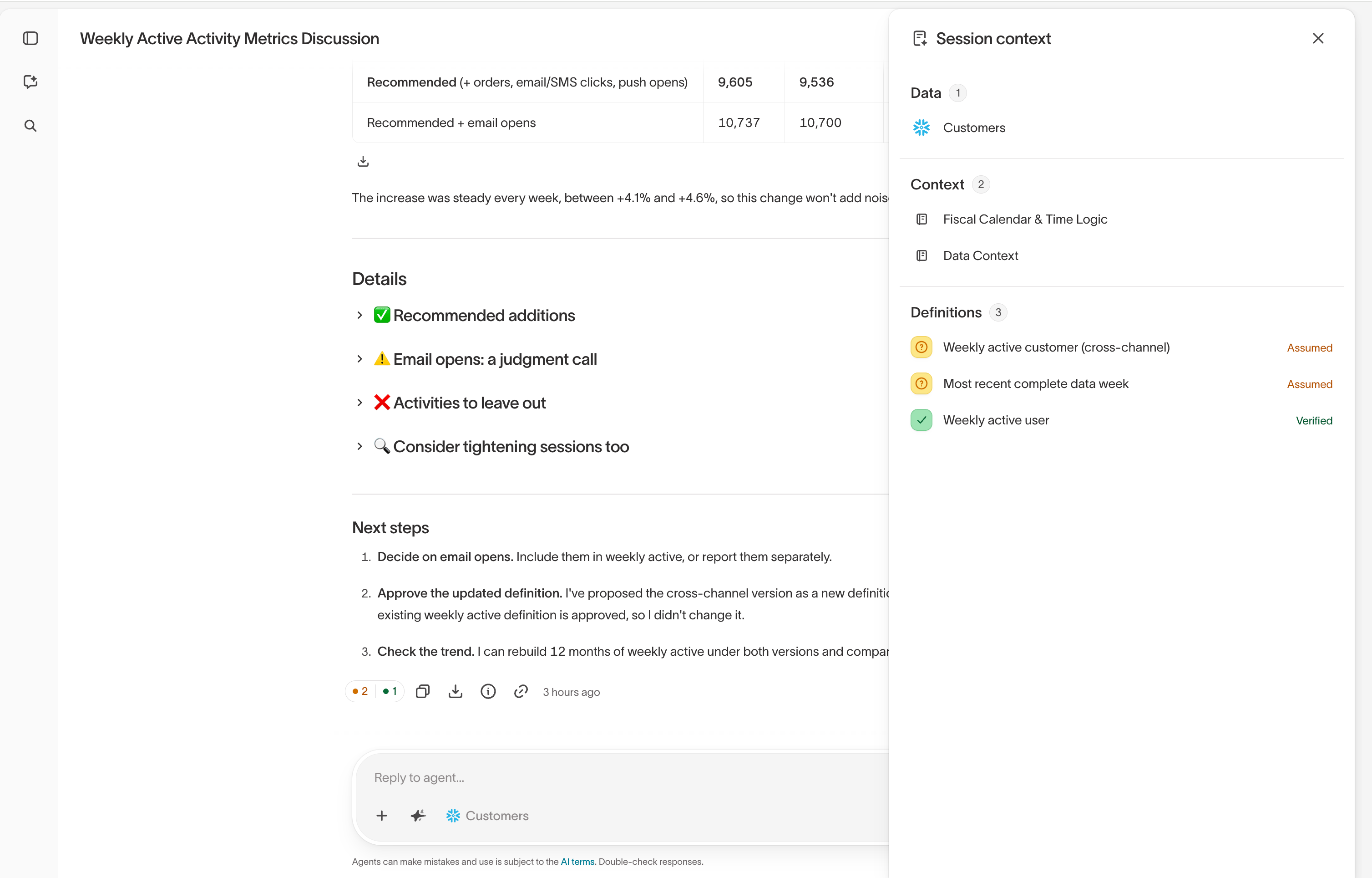 Session Context panel listing the data, context, and definitions used in a chat