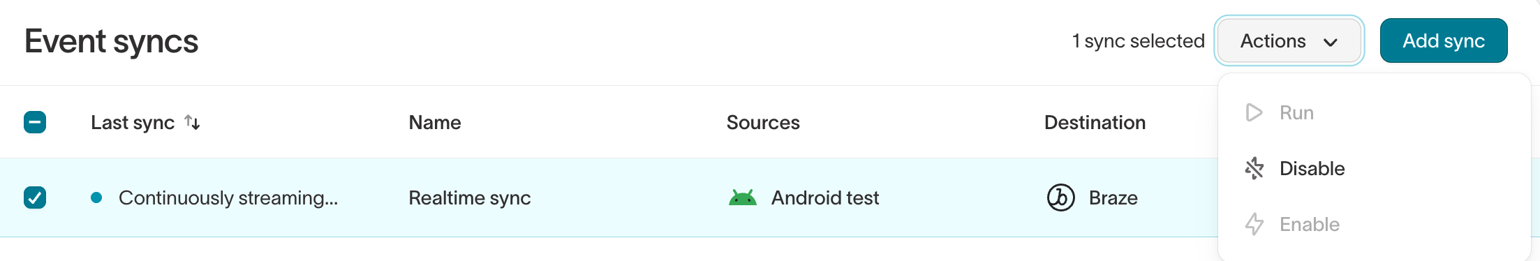 Bulk Actions dropdown on the Event syncs page showing Run, Disable, and Enable