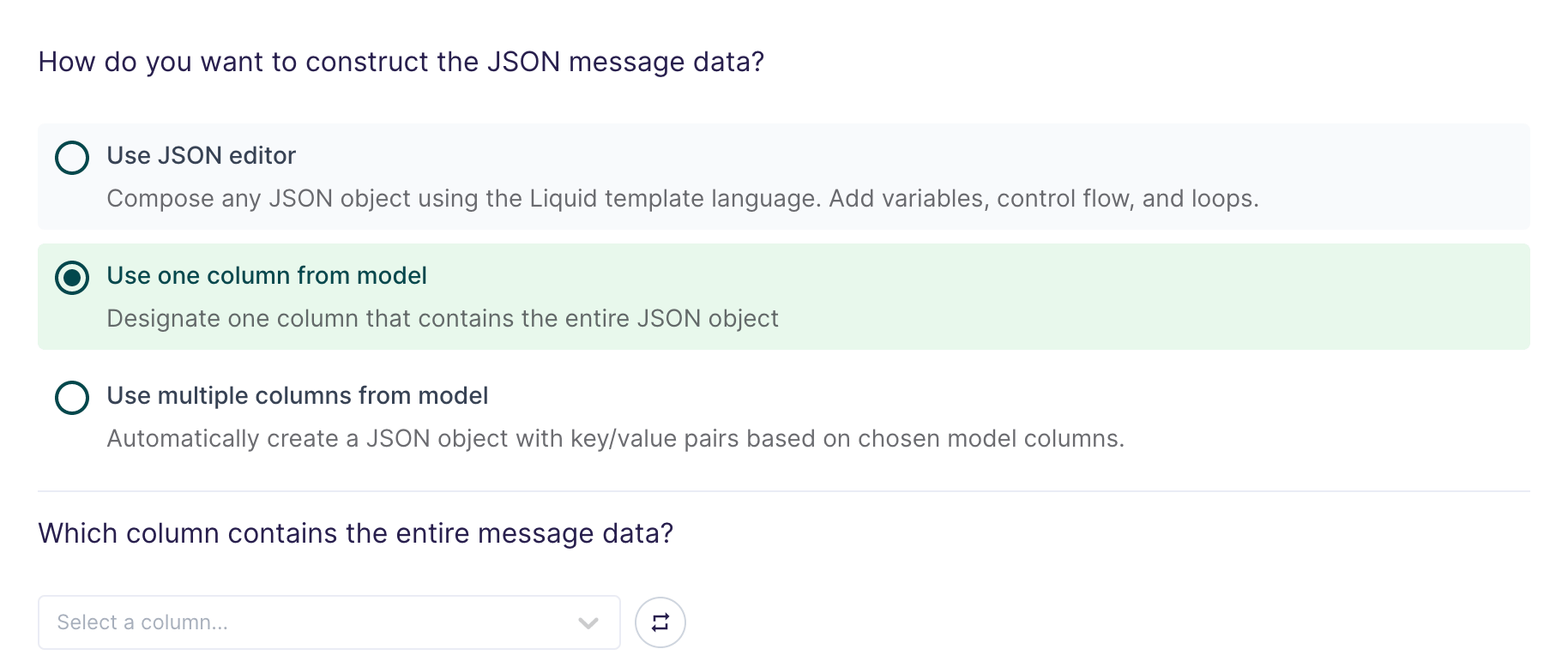 Selecting using one column from the model as the JSON construction method in the Hightouch UI