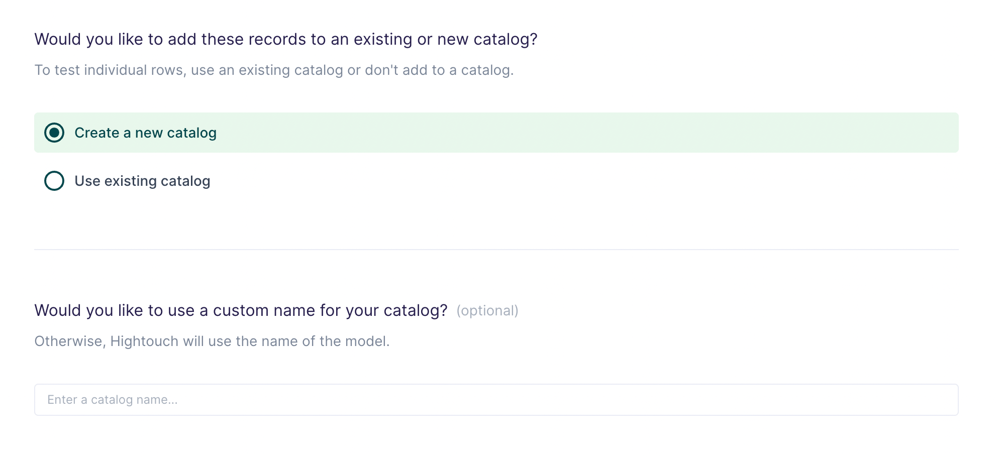 Hightouch UI showing option to create new catalogs