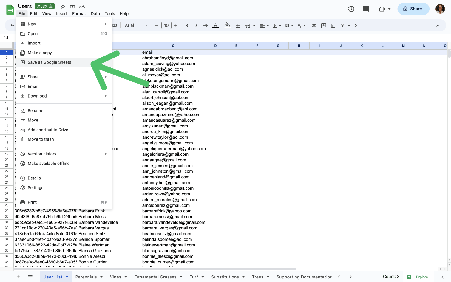 Convert to Google Sheet dropdown
