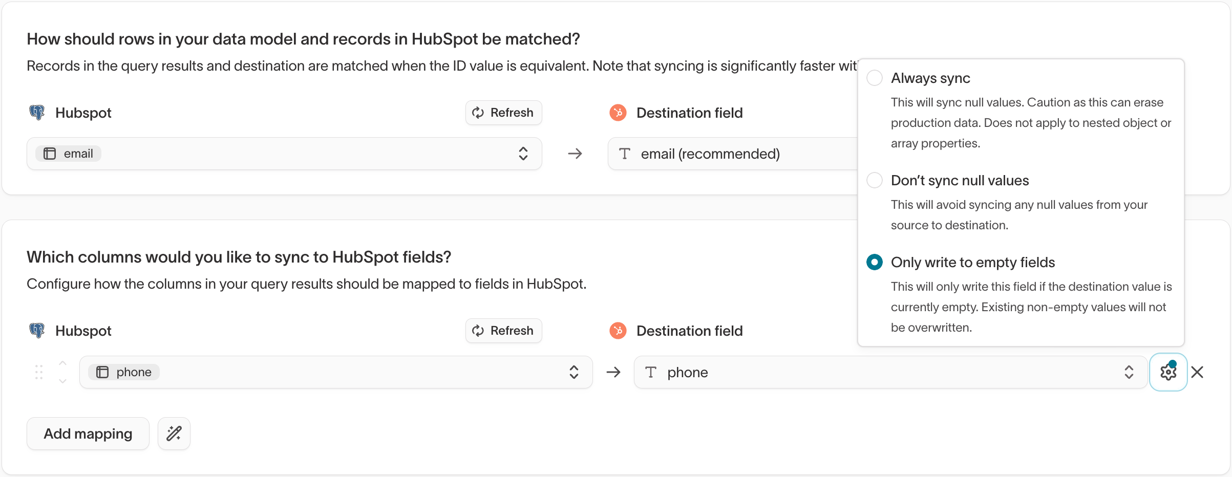 Field sync behavior options in the Hightouch UI