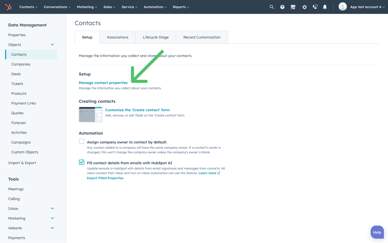 Inspecting properties in HubSpot UI