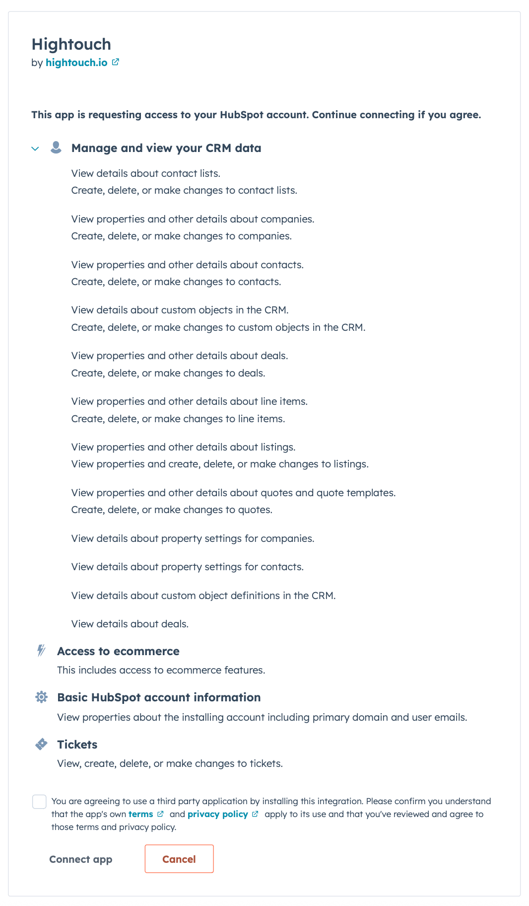 HubSpot scopes requested by Hightouch