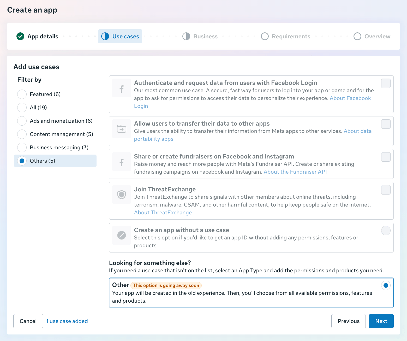 Meta app creation showing the deprecating Other option and the option to create an app without a use case