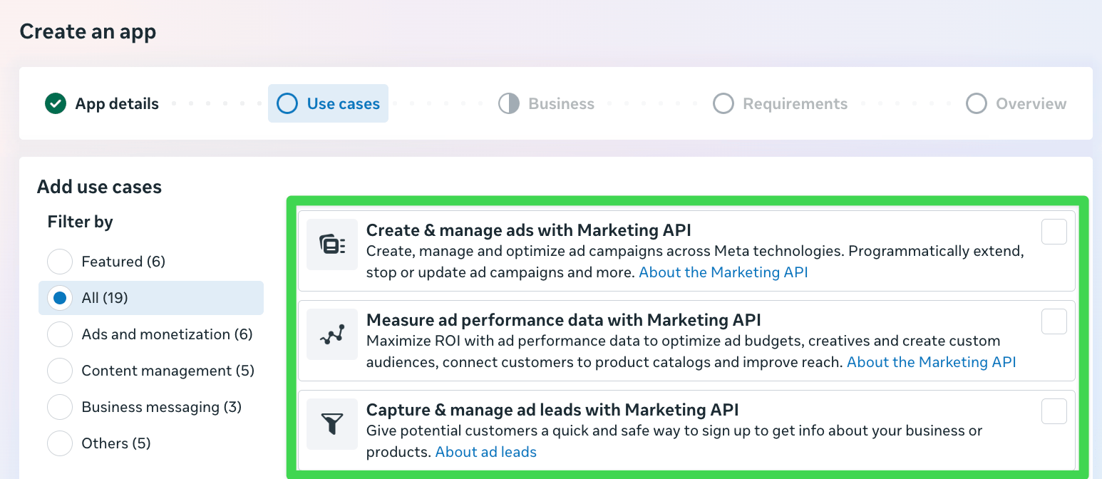 Selecting a Marketing API use case during app creation