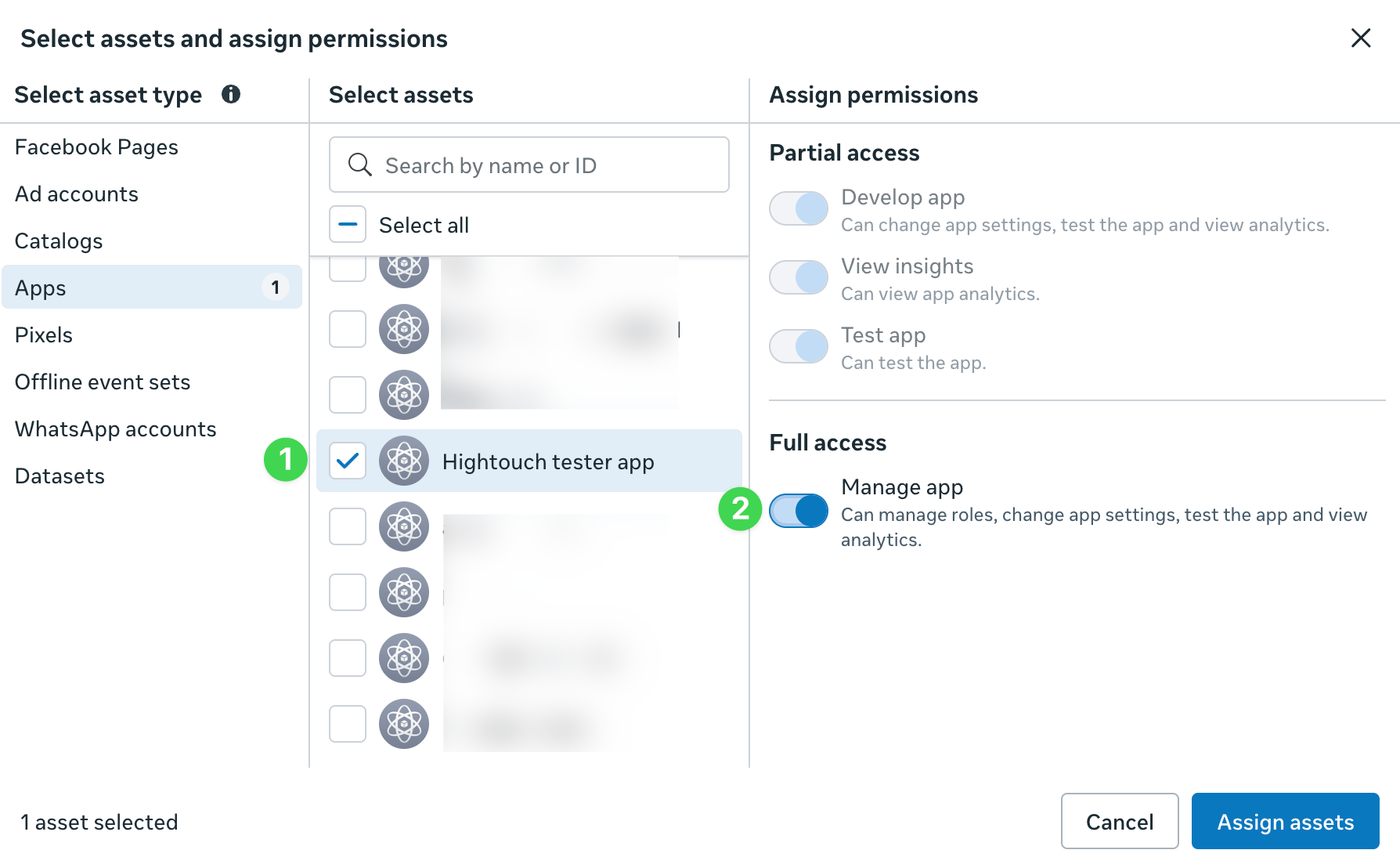 Granting the app and ad account Full access