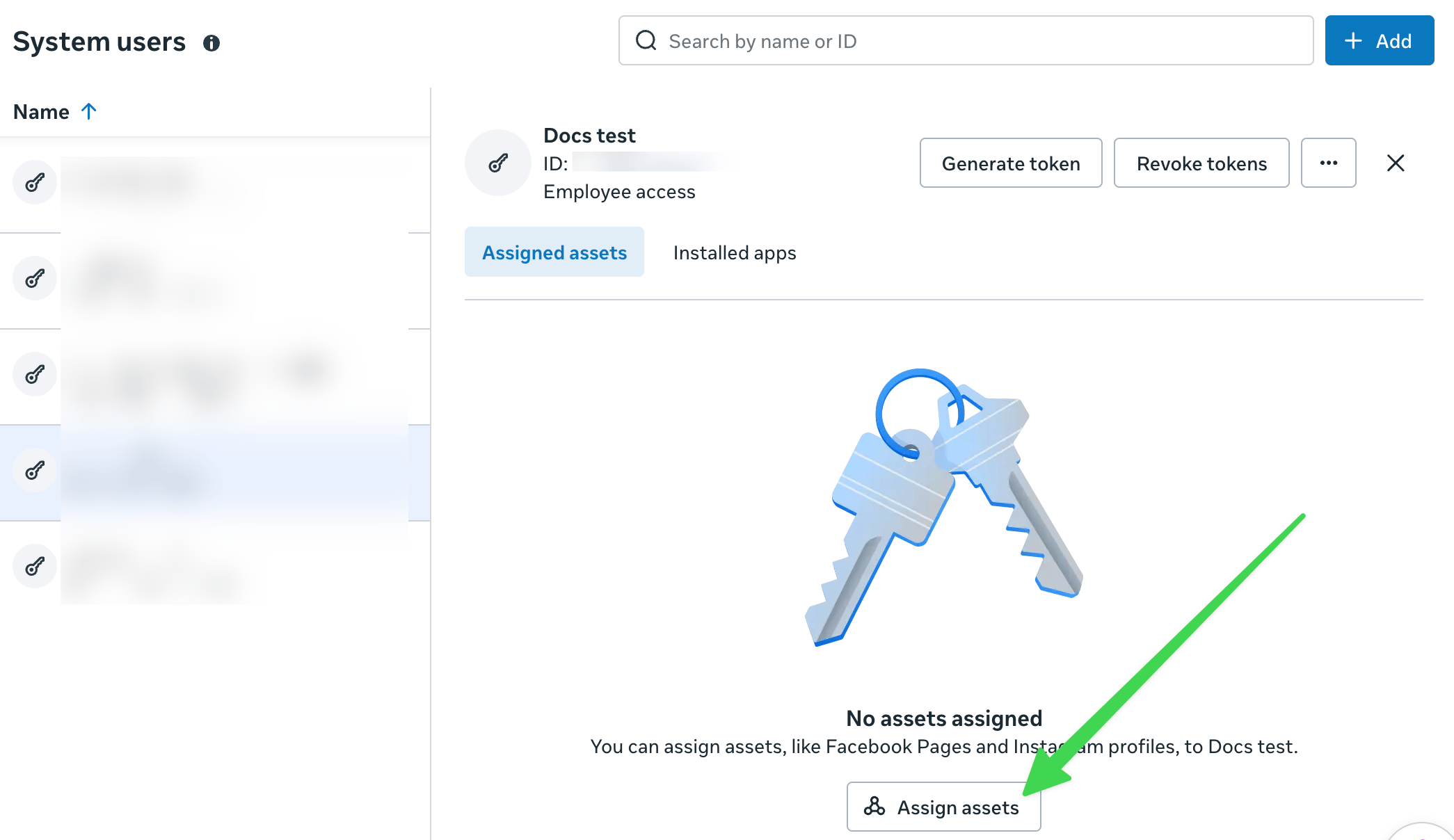 Selecting the system user and clicking Assign assets
