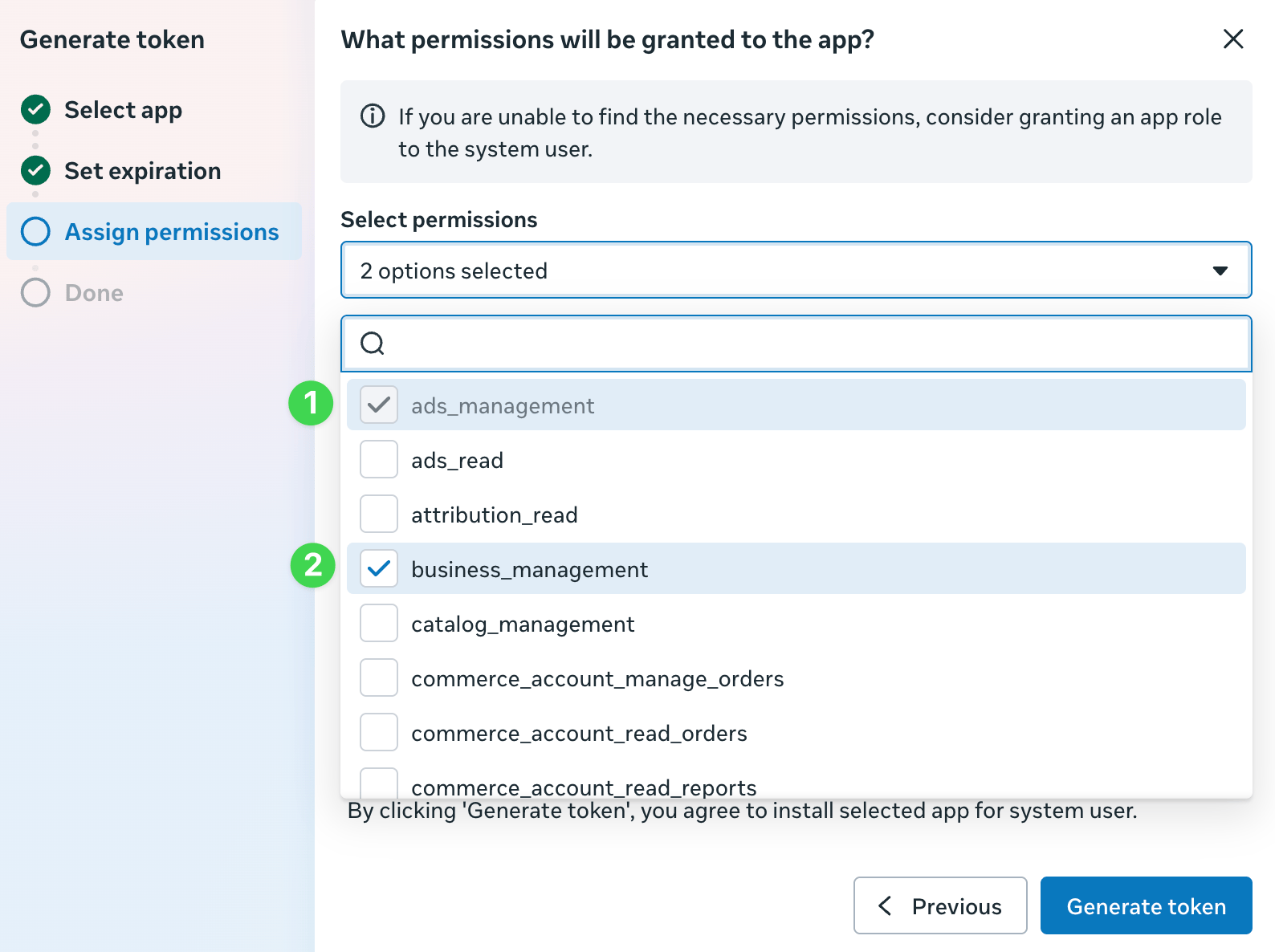 Selecting the ads_management and business_management permissions