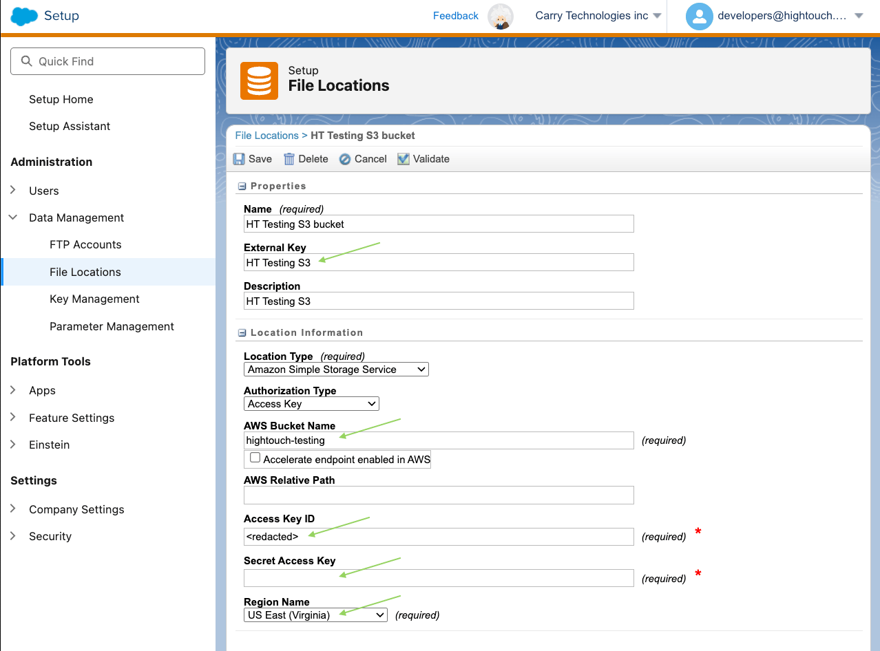 Amazon S3 file location setup