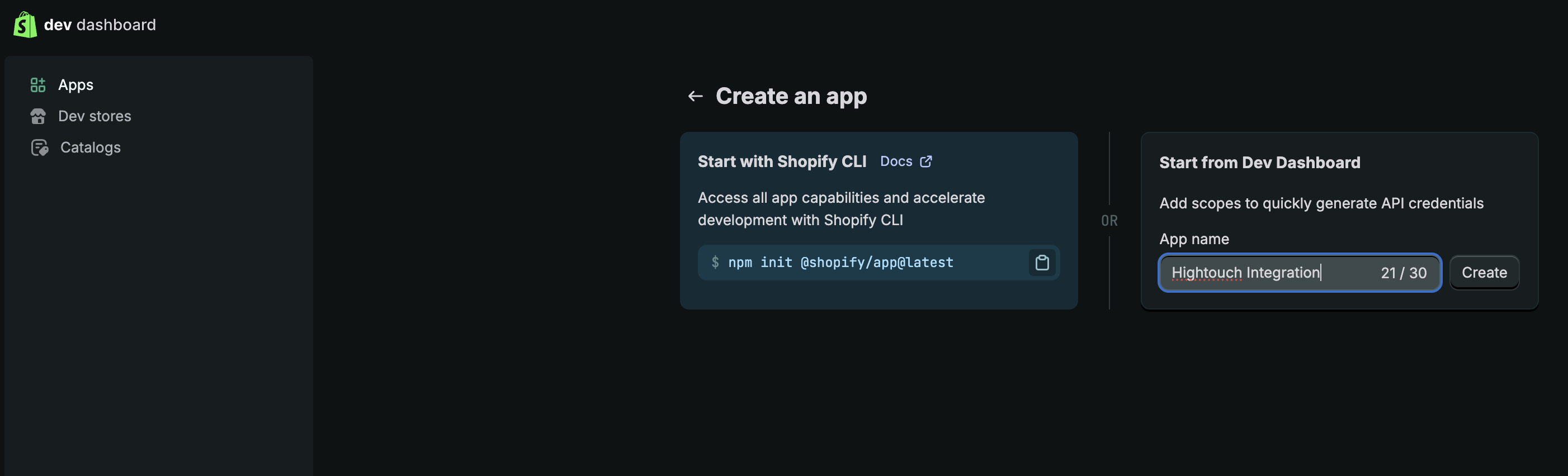 Shopify create an app page