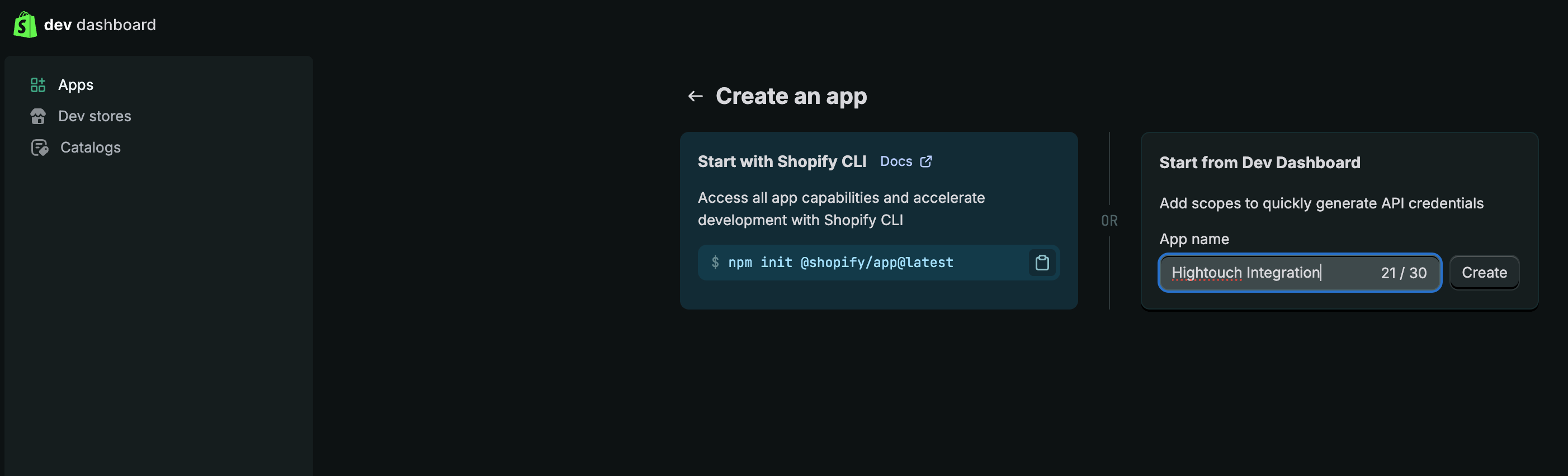 Shopify create an app page