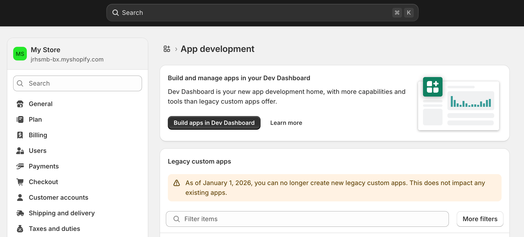 Build apps in Dev Dashboard button in Shopify