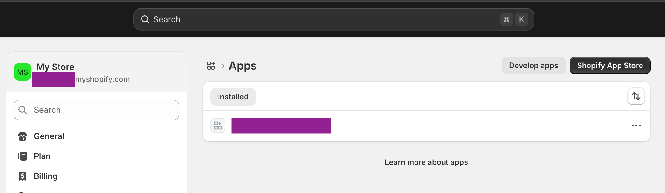 Develop apps button in Shopify