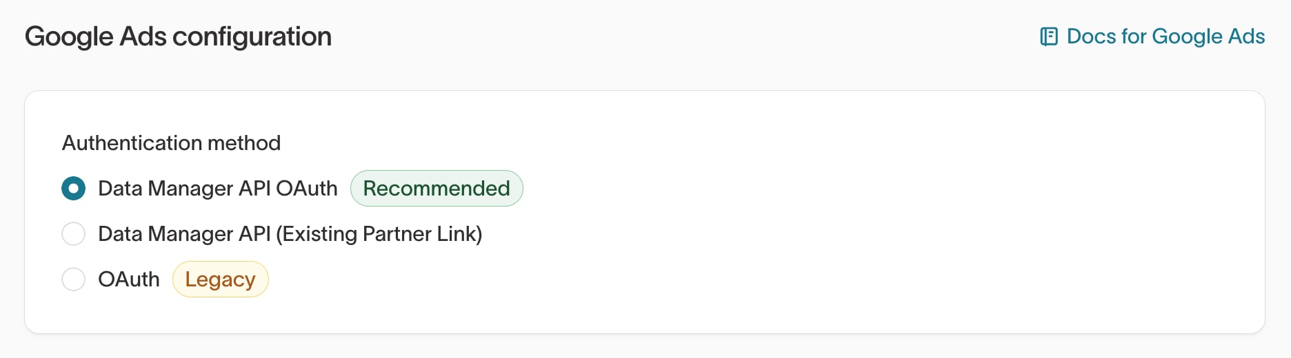 Authentication method options showing Data Manager API OAuth selected