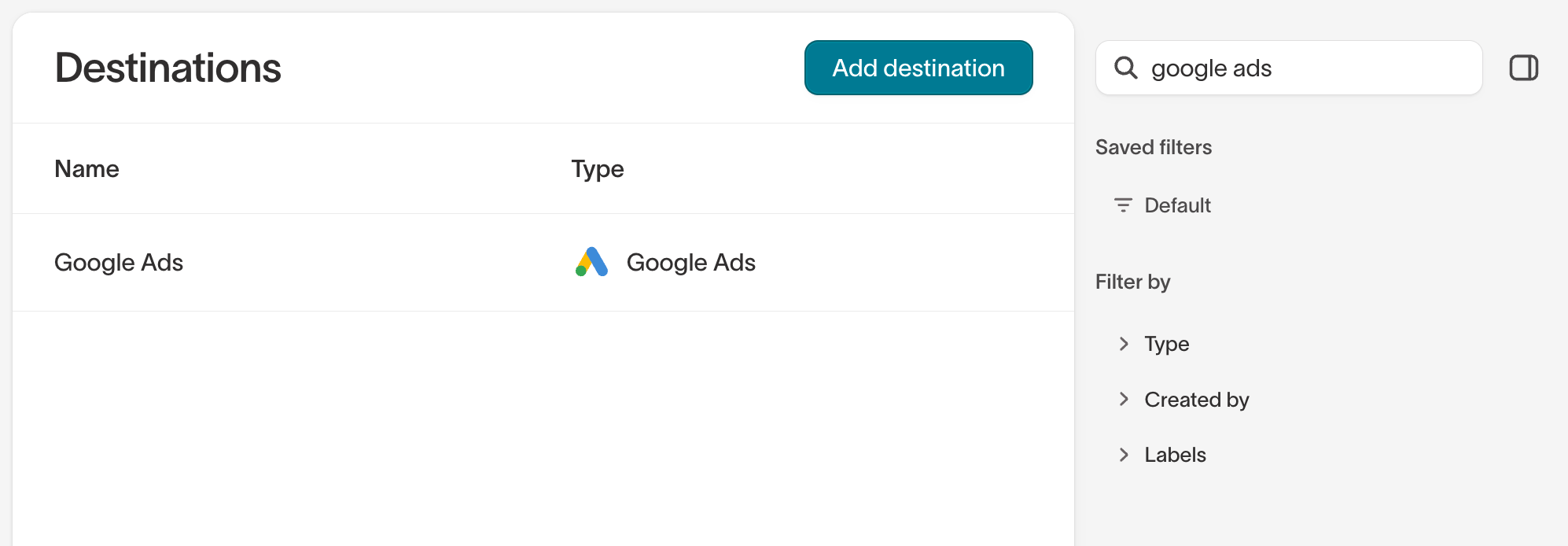 Destinations list filtered to Google Ads